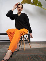 Women Orange Front Darted Knitted Straight Pants