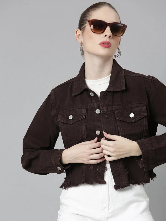 Women Coffee Brown Solid Denim Jacket-GZ-5599-Coffeebrown