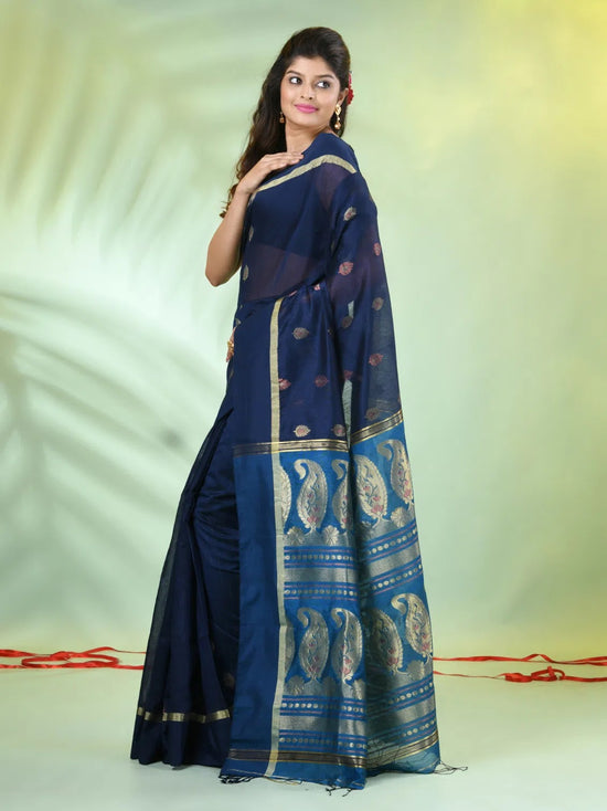 Navy Blue Cotton Saree With Ethnic Motifs-MA66BCT431080055