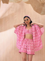 Women Pink & White Ikat Shorts with Bustier and Shrug