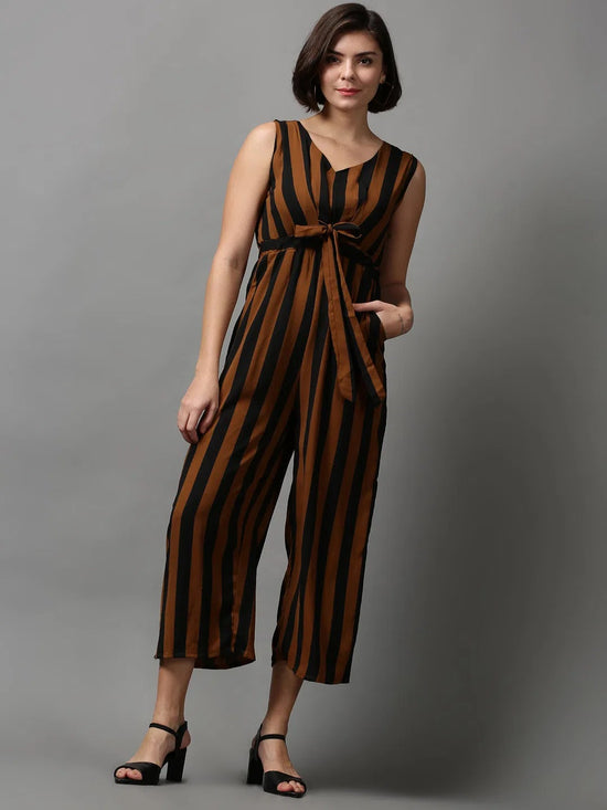 Women's Brown Striped Jumpsuit-AE-15647-Brown