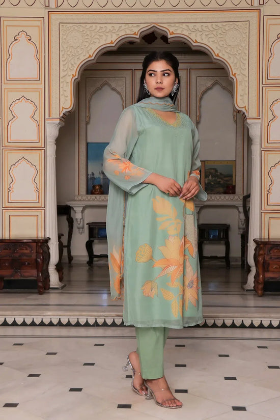 Vaasva Women Teal Green Tabby Slik Print & Embroidered Kurta, Pant & Dupatta set