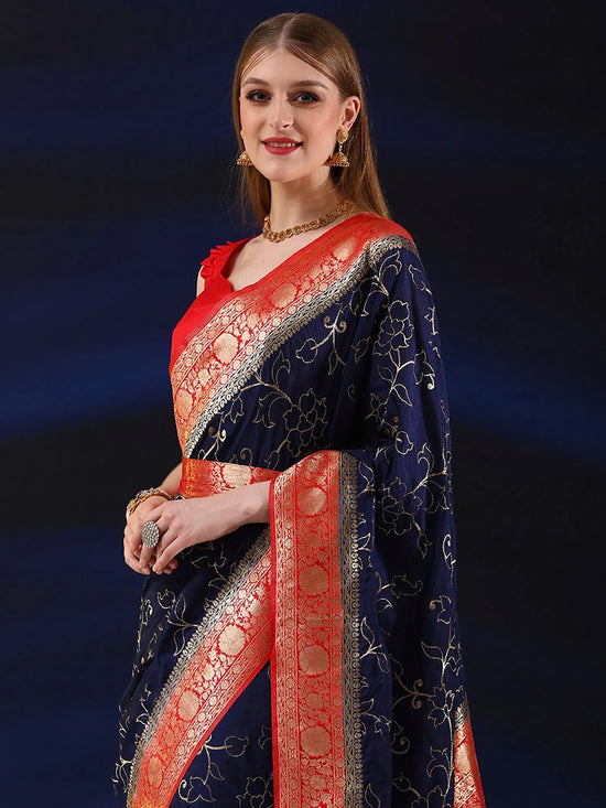 Saree Mall Women's  Blend Navy Blue Woven Design Designer Saree With Blouse Piece-SGITRIUS01E