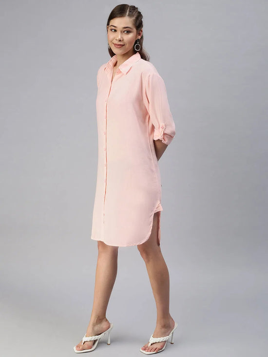 Women's Pink Solid Shirt Dress-AE-444584-Peach