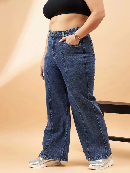 Women Blue Wash High Waist Seam Detail Straight Jeans