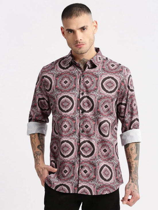 Men Spread Collar Geometric Black Casual Shirt-PELSIC-2250-Black