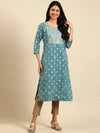 Women's Blue Printed Straight Kurta-GW-493-Teal