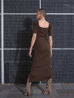 Women Brown Side Slit V-Neck Rib Midi Dress