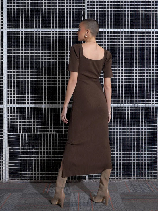 Women Brown Side Slit V-Neck Rib Midi Dress