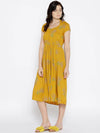 Midi pleated dress with lavender print on Mustard