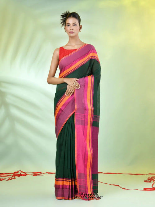 Green Cotton Saree With Temple Borders-MA66CT43640012