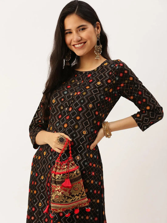 Women's Black Printed Straight Kurtas-GW-1689-Black