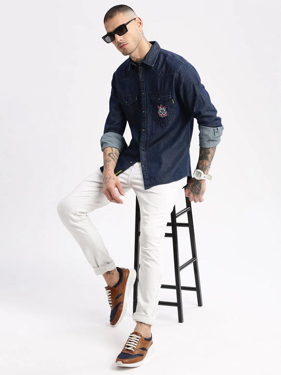 Men Spread Collar Denim Solid Navy Blue Casual Shirt-BARN-2217-Navyblue