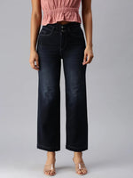 Women's Navy Blue Solid Wide Leg Denim Jeans-IM-9867-Navyblue