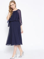 Flared midi dress with blouson yoke in Midnight Blue