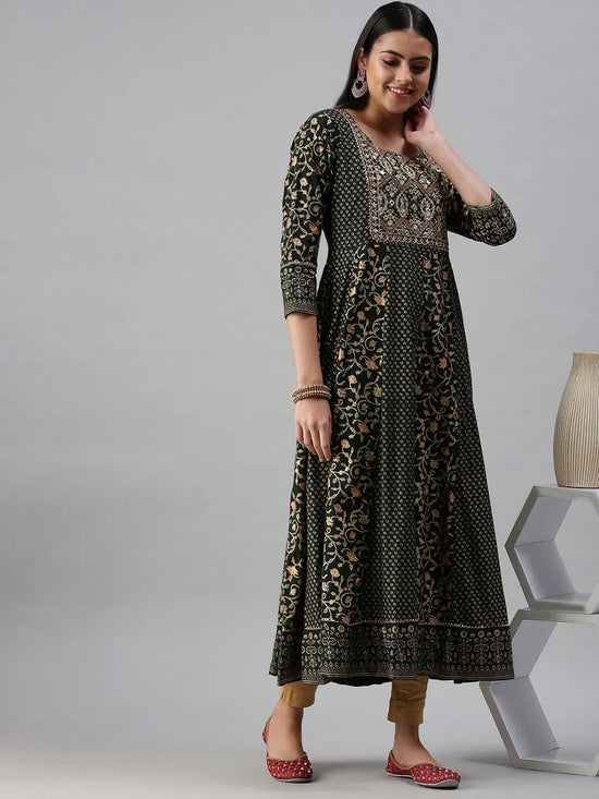 Women's Green & Gold Printed Anarkali Kurta-RF1394-Green-Gold