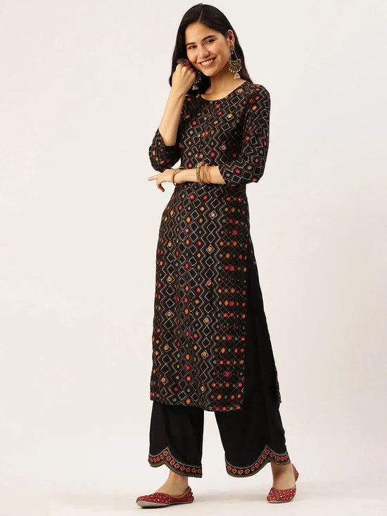 Women's Black Printed Straight Kurtas-GW-1689-Black