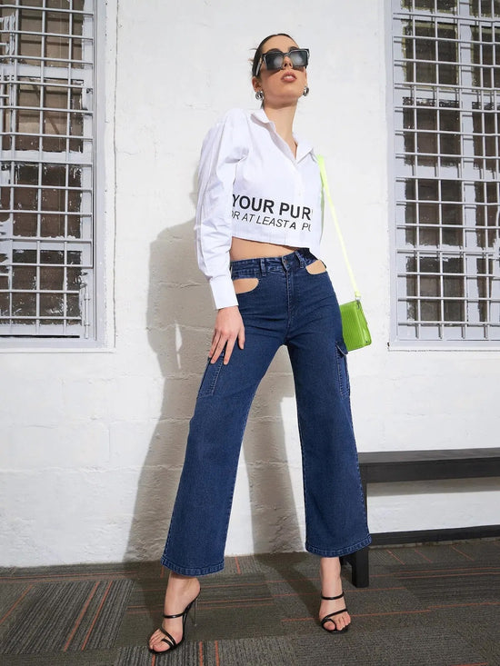 Women White Poplin FIND YOUR PURPOSE Crop Shirt