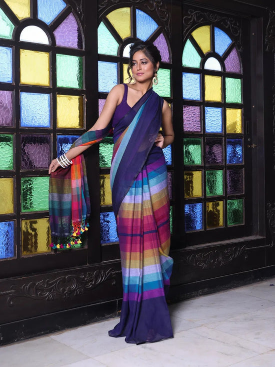 Navy Blue And Multicolor Colorblocked Mulmul Cotton Saree-MA64MCT33770058