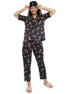 Smarty Pants Women's Silk Satin Black Color Owl Print Night Suit