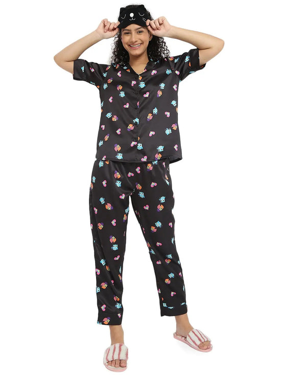 Smarty Pants Women's Silk Satin Black Color Owl Print Night Suit