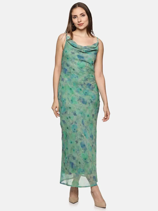 Floral Green Cowl Neck Slip Dress-17364