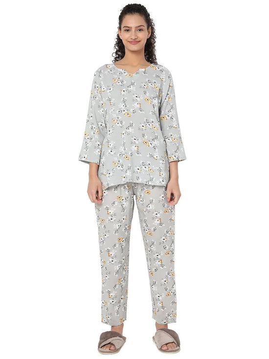 Smarty Pants Women's Cotton Grey Floral Print Night Suit