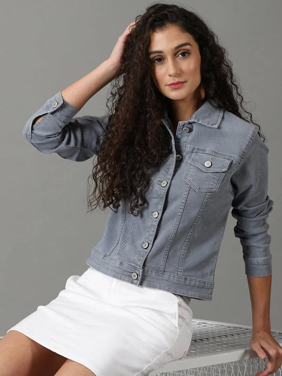 Women's Grey Solid Denim Jacket-LT-JKT-105372-Grey