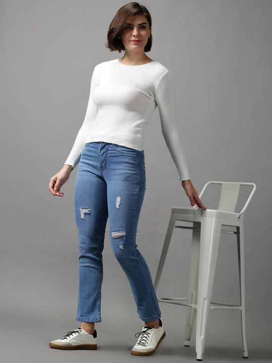 Women's Blue Solid Fit Denim Jeans-GZ-5305-2-Blue