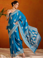 Saree Mall Women's Cotton Blend Blue Printed Designer Saree With Blouse Piece-KUMKUM37G