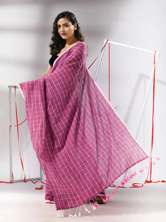 Magenta Cotton Saree With Check Designs-MA55CT06520138