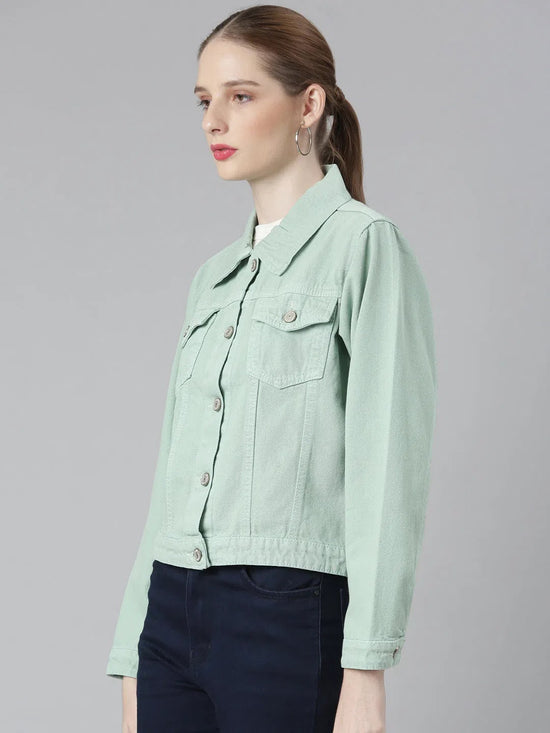 Women Sea Green Solid Denim Jacket-GZ-5598-1-Seagreen