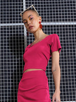 Women Magenta Rib Round Neck Crop Top