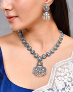 Dual Toned Oxidized Necklace With Earrings Set-VOJ440