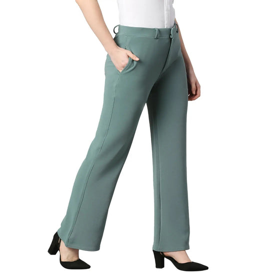 Smarty Pants Women's Cotton Lycra Bell Bottom Olive Color Formal Trouser