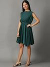 Women's Green Solid Fit and Flare Dress-AE-15755-Green