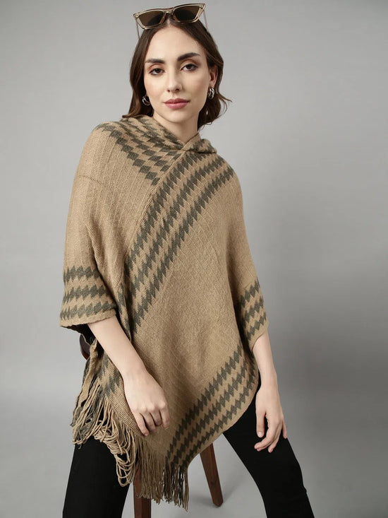 Women Striped Khaki Longline Poncho-CHN-9971-8-Khaki