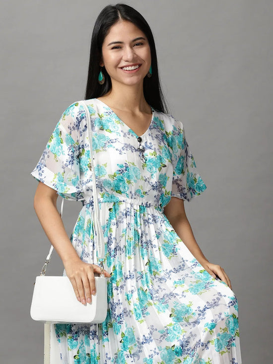 Women's White Floral Fit and Flare Dress-KG-592-Whiteturquoiseblue