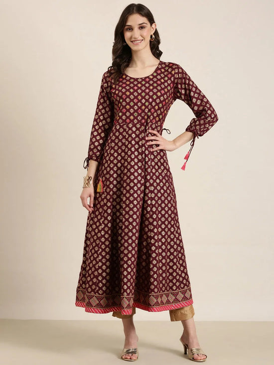 Women Maroon Geometrical Anarkali Kurta-AT-A521-LG-Maroon