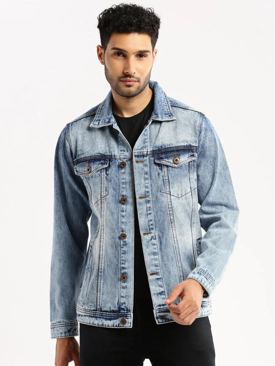 Men Blue Spread Collar Solid Denim Jacket-IB-DJ-07-4-Blue