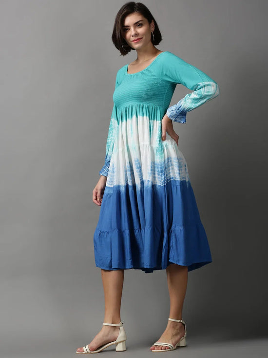 Women's Blue Tie Dye Fit and Flare Dress-ON-582-Turquoiseblue