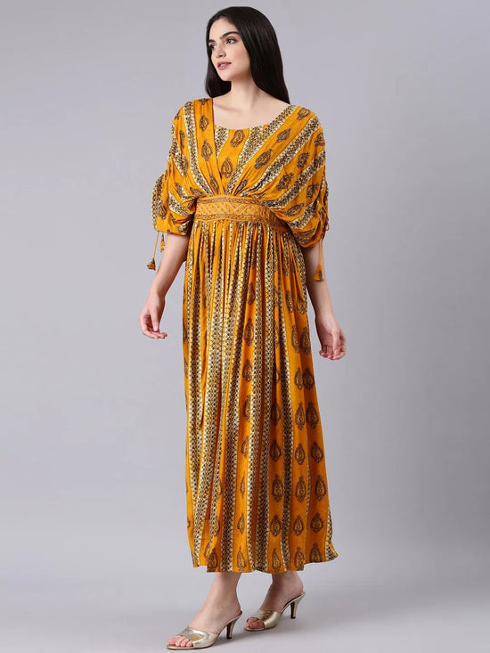 Women Mustard Printed Fit and Flare Dress-FS-3051-Mustard