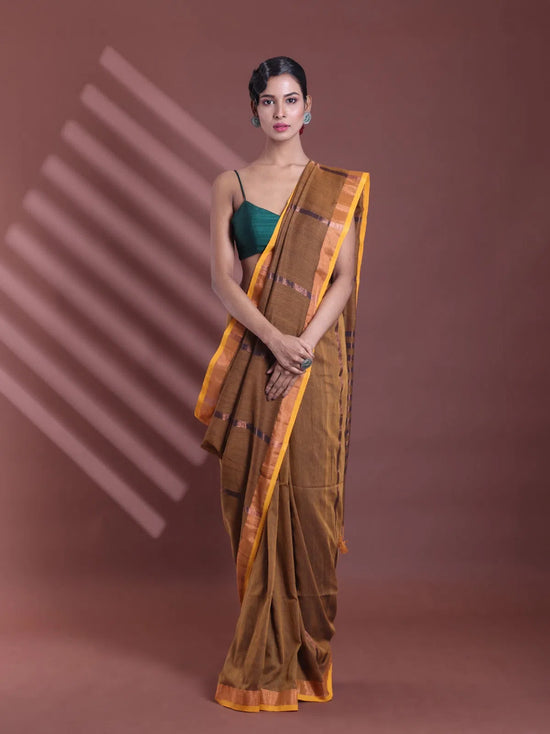 Mustard Pure Cotton Zari Stripe Soft Saree With Zari Border-MA59CT06520069