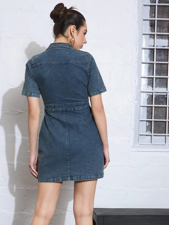 Women Blue Blast Denim Front Button Mini Dress