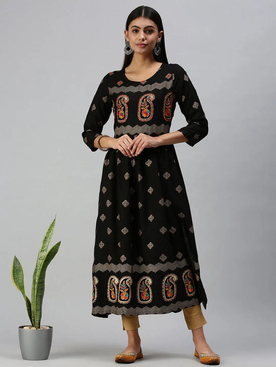 Women's Black Printed Straight Kurta-CR2229-Black