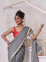 Grey Mulmul Cotton Soft Saree With Patch Work Borders-MA62MCT33830020