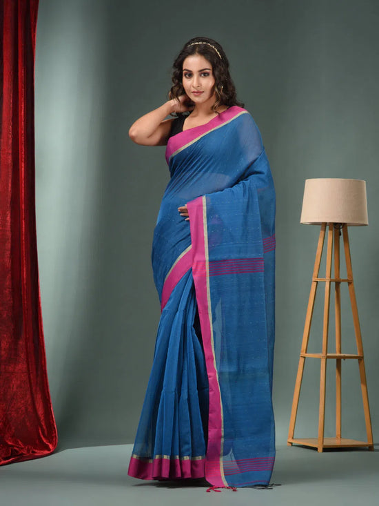 Sapphire Blue Cotton Blend Handwoven Saree With Texture Designs-MA50BCT06830076