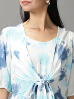 Women's White Tie Dye Fit and Flare Dress-ON-605-Whitenavyblue