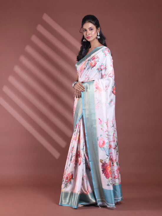 Off White Floral Print Silk Soft Saree With Zari Border-MA60BSL01770002