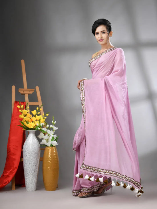 Lilac Mul Cotton Soft Saree With Embroidered Borders-MA62MCT33990003